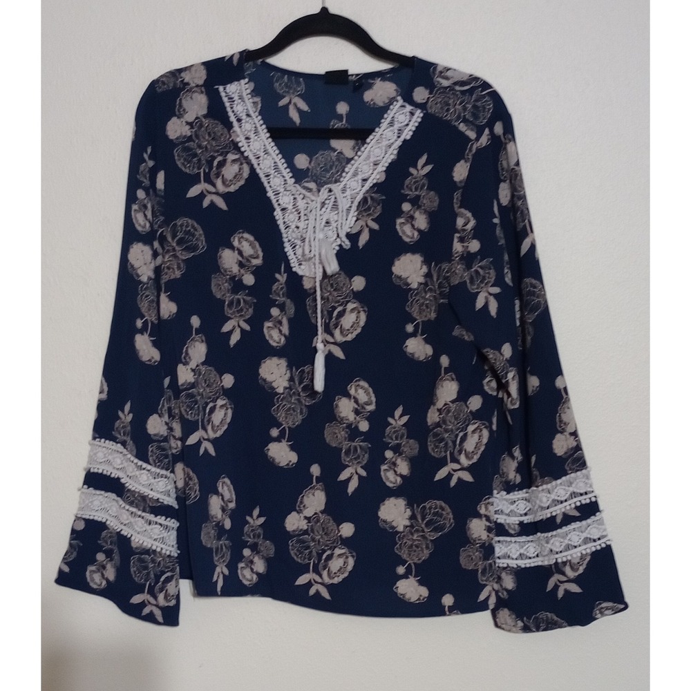Cruel Denim Navy Blue Floral Lace Trim Boho Blouse Tassel V-Neck Medium